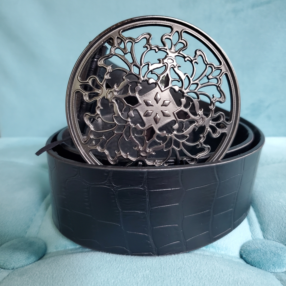 Gothic Filigree Buckle Belt - Crocodile Embossed Faux Leather | Dark Academia Y2